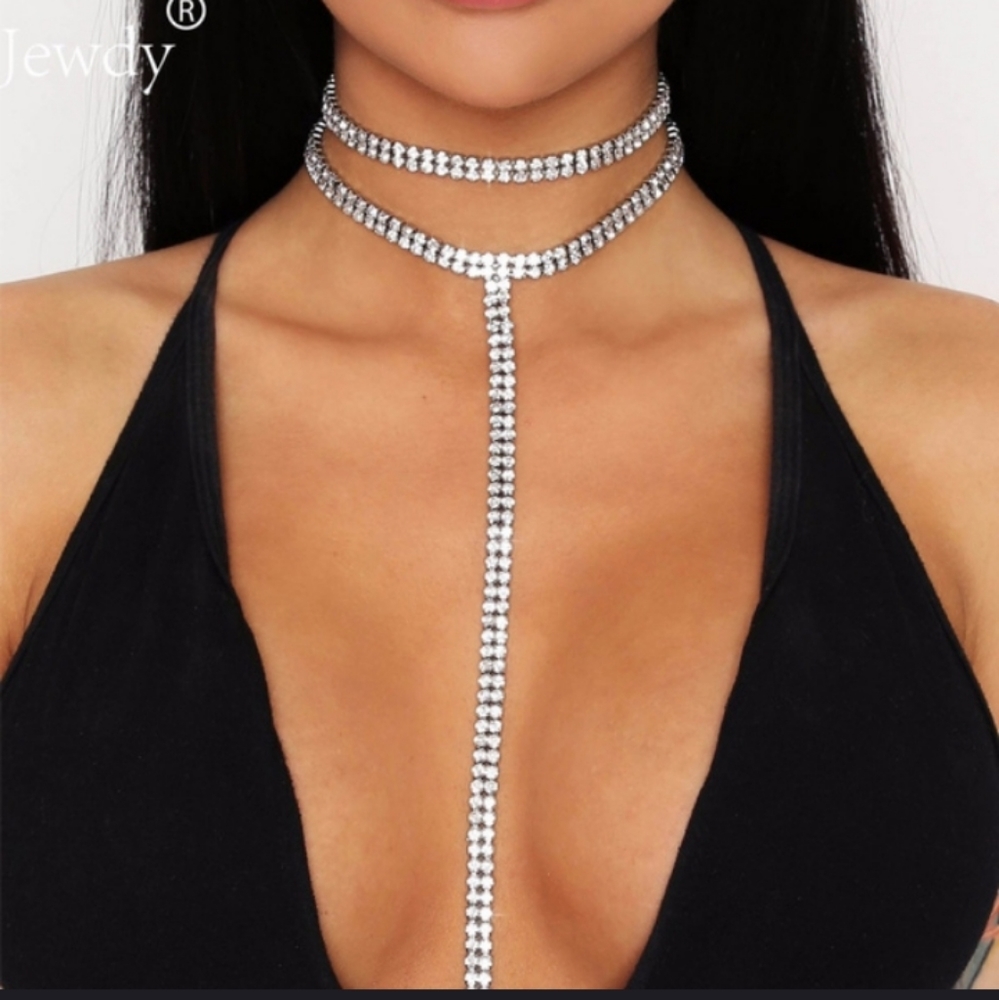 Two layers silver rhinestone choker
